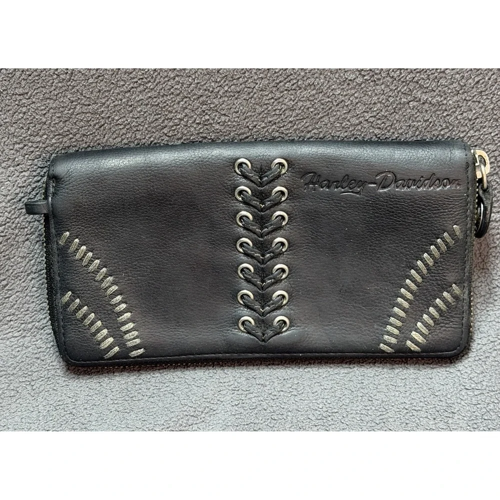 VTG Harley-Davidson Zip Around Wristlet Wallet Logo Biker Motorcycle Black Laces